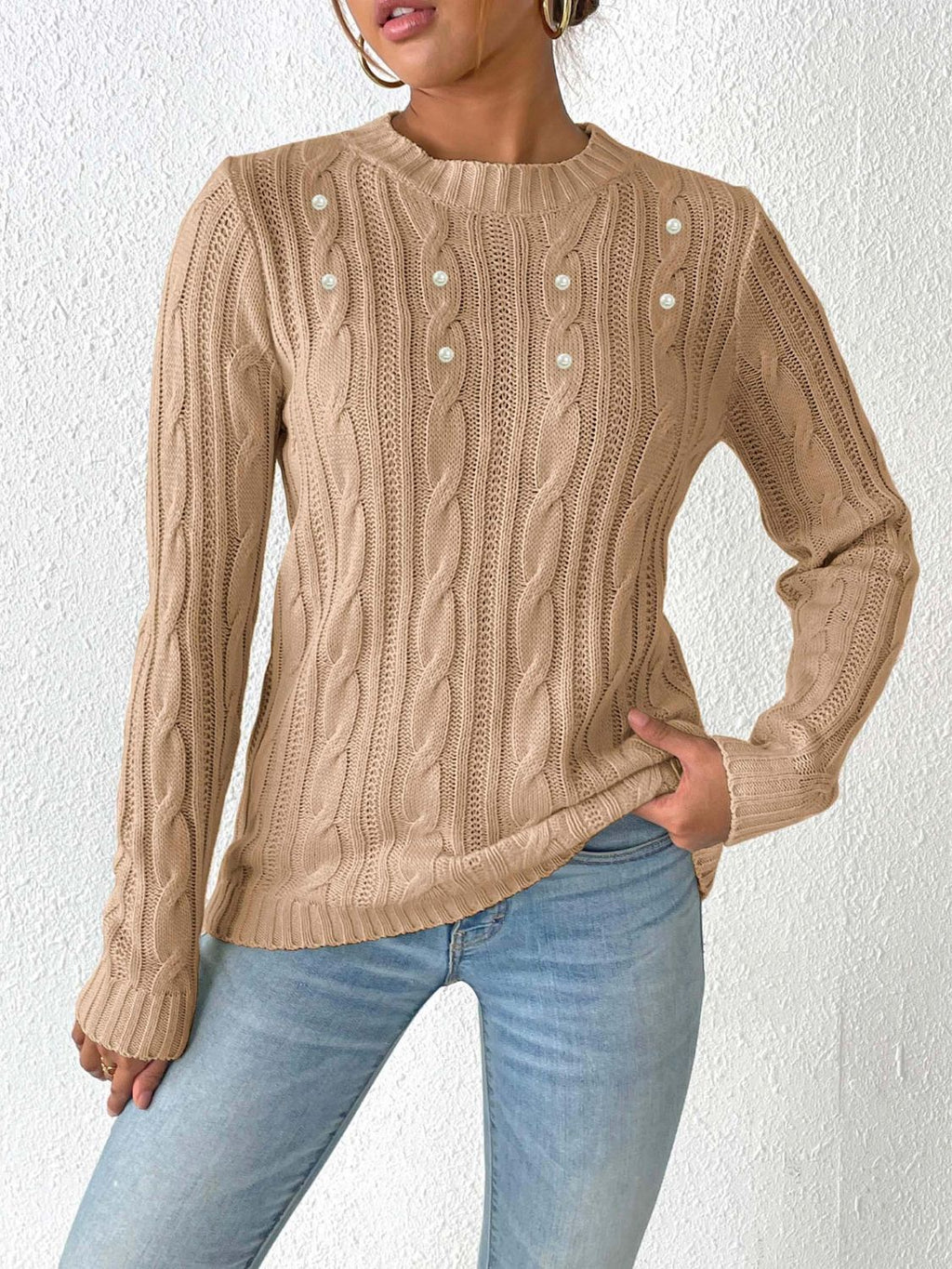 Cable-Knit Round Neck Long Sleeve Sweater - Camel / S