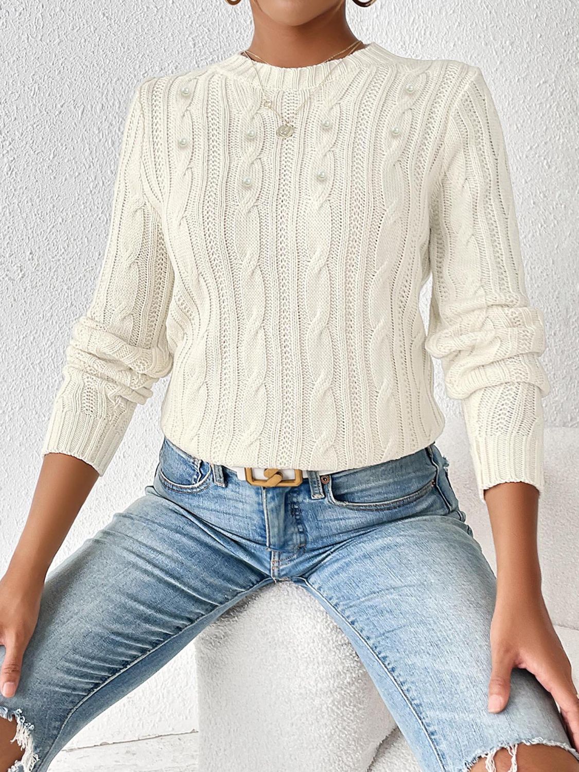 Cable-Knit Round Neck Long Sleeve Sweater - Ivory / S