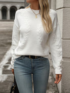 Cable-Knit Round Neck Long Sleeve Sweater - White / S