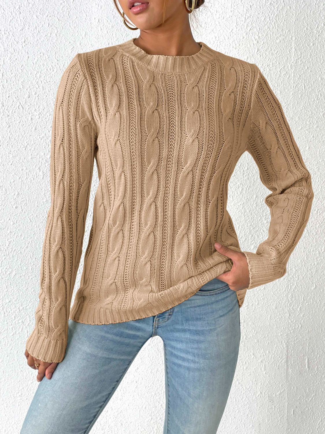 Cable-Knit Round Neck Sweater - Camel / S