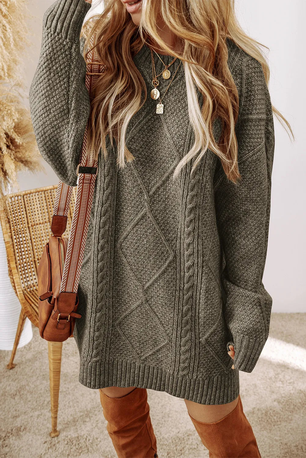 Cable-Knit Round Neck Sweater Dress - Sage / S