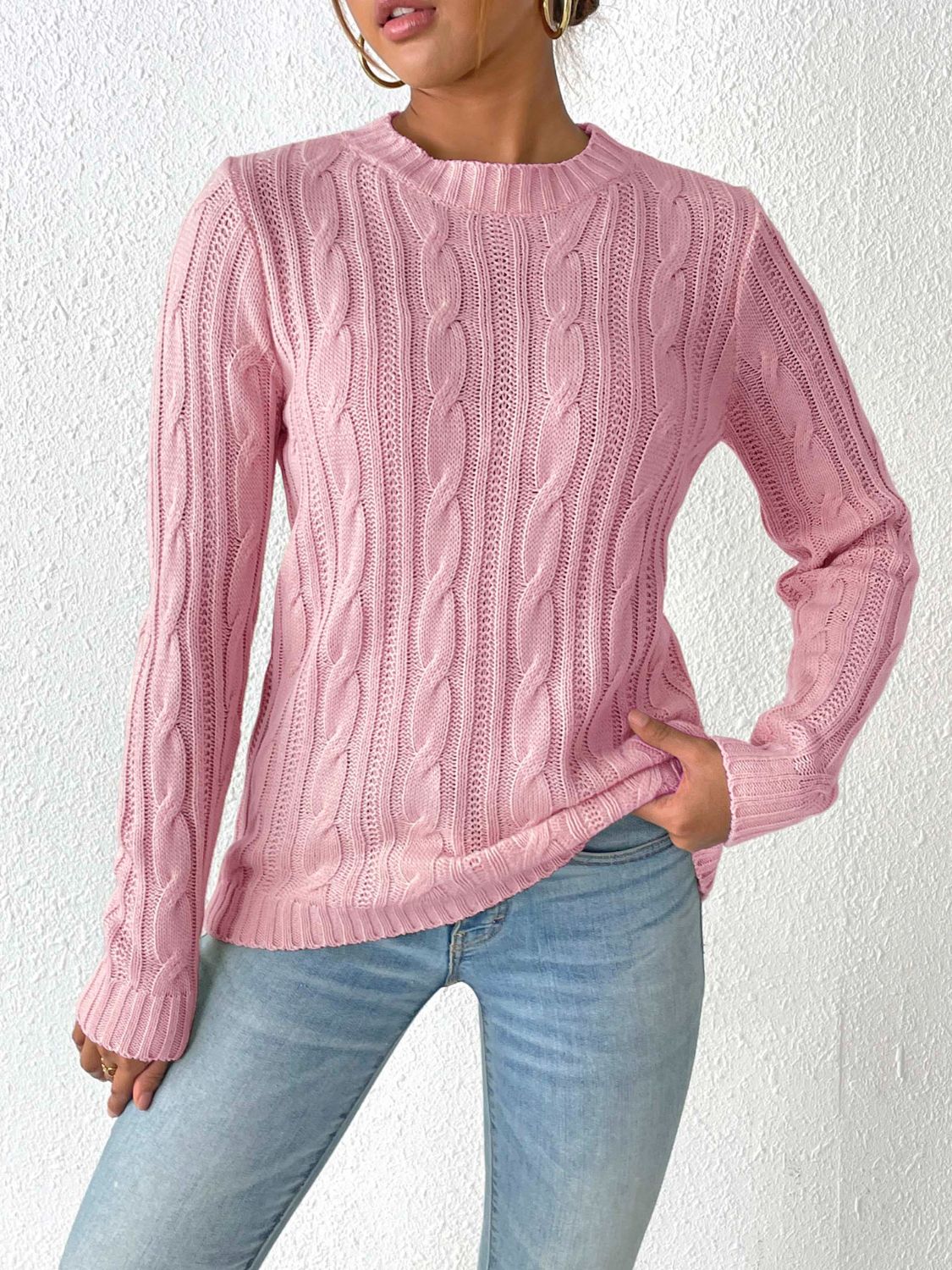 Cable-Knit Round Neck Sweater - Dusty Pink / S