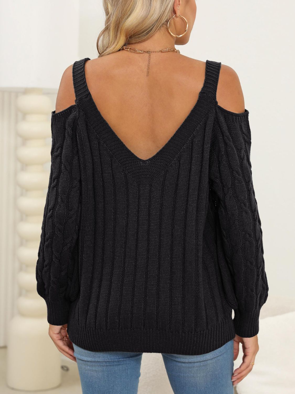 Cable-Knit V-Neck Long Sleeve Sweater