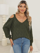 Cable-Knit V-Neck Long Sleeve Sweater - Army Green / S