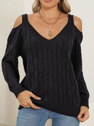 Cable-Knit V-Neck Long Sleeve Sweater - Black / S