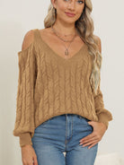 Cable-Knit V-Neck Long Sleeve Sweater - Camel / S