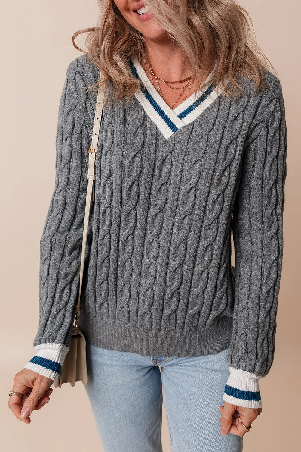 Cable-Knit V-Neck Long Sleeve Sweater - Dark Gray / S
