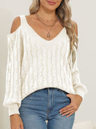 Cable-Knit V-Neck Long Sleeve Sweater - Ivory / S