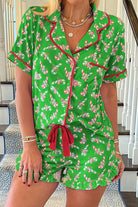 Candy Cane Collared Neck Top and Shorts Lounge Set - Green / 2XL