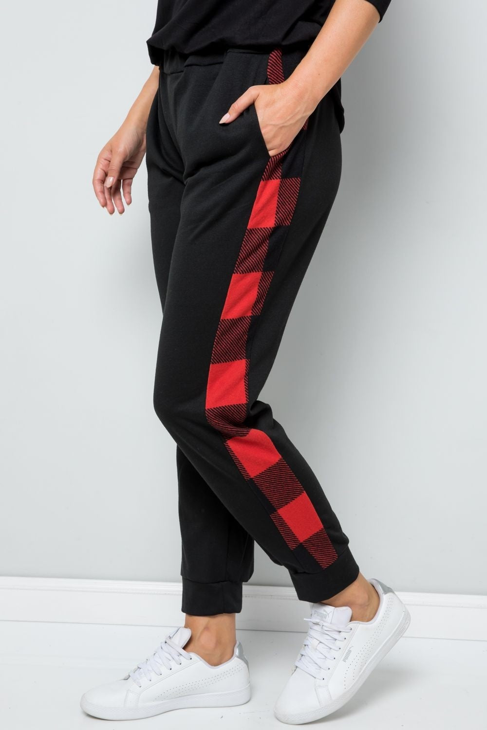 Celeste Design Full Size Plaid Side Print Sweatpants - Red Plaid / S