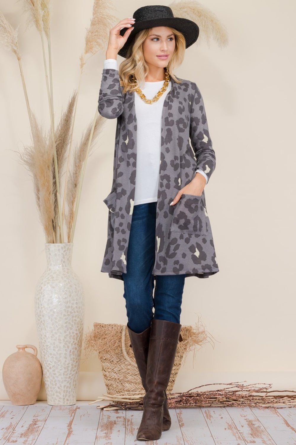 Celeste Full Size Leopard Open Front Contrast Cardigan - Grey Leopard / S