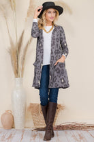 Celeste Full Size Leopard Open Front Contrast Cardigan - Grey Leopard / S