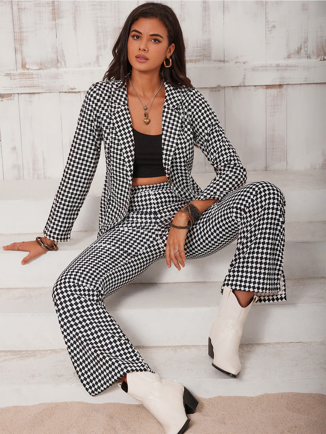 Checkered Blazer & Slit Pants Set - Plaid / S