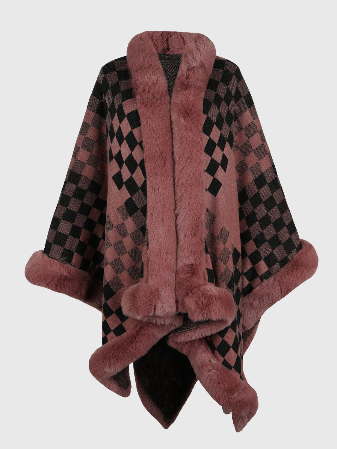 Checkered Faux Fur Trim Poncho - Burnt Coral / One Size