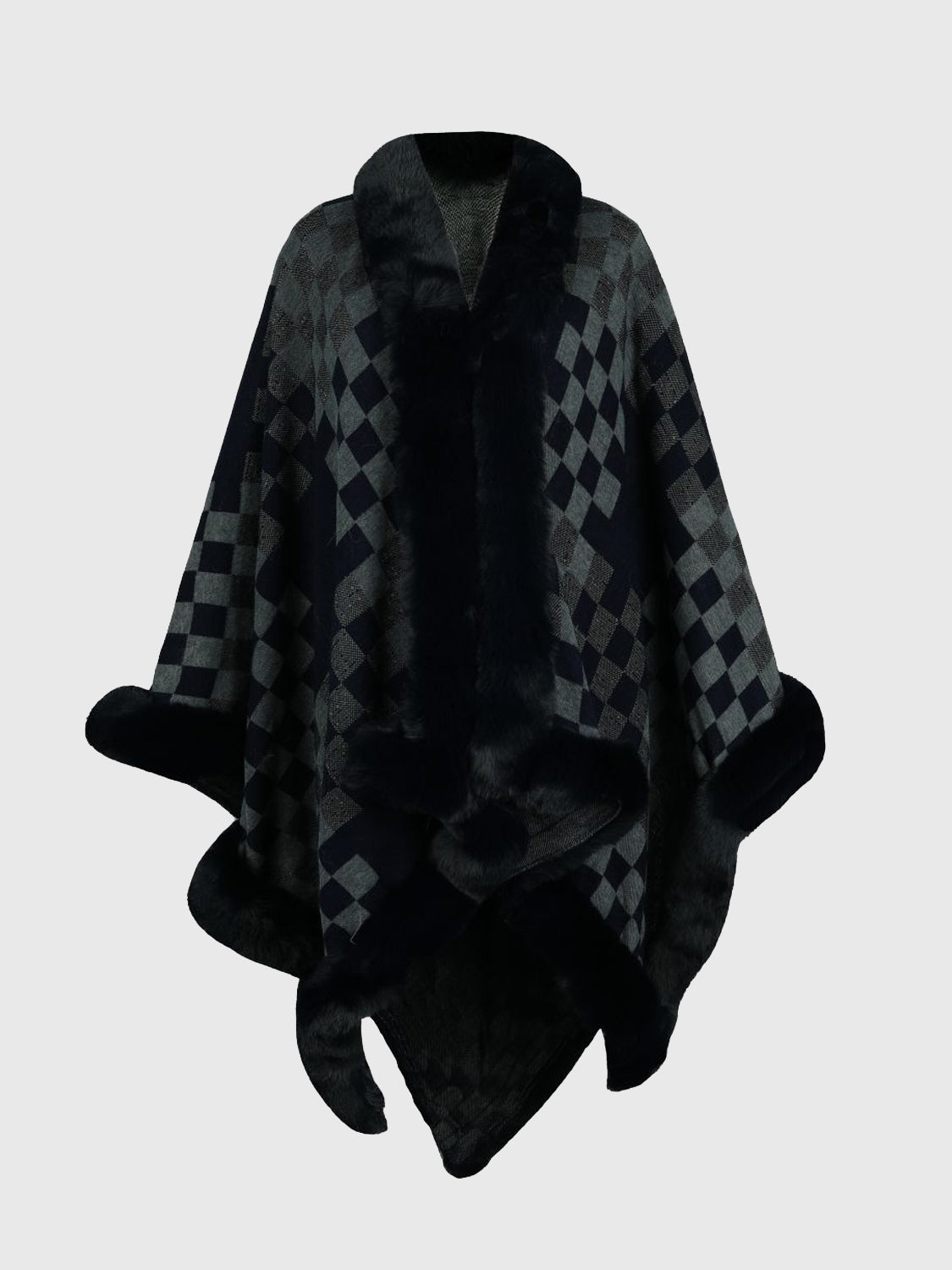Checkered Faux Fur Trim Poncho - Charcoal / One Size