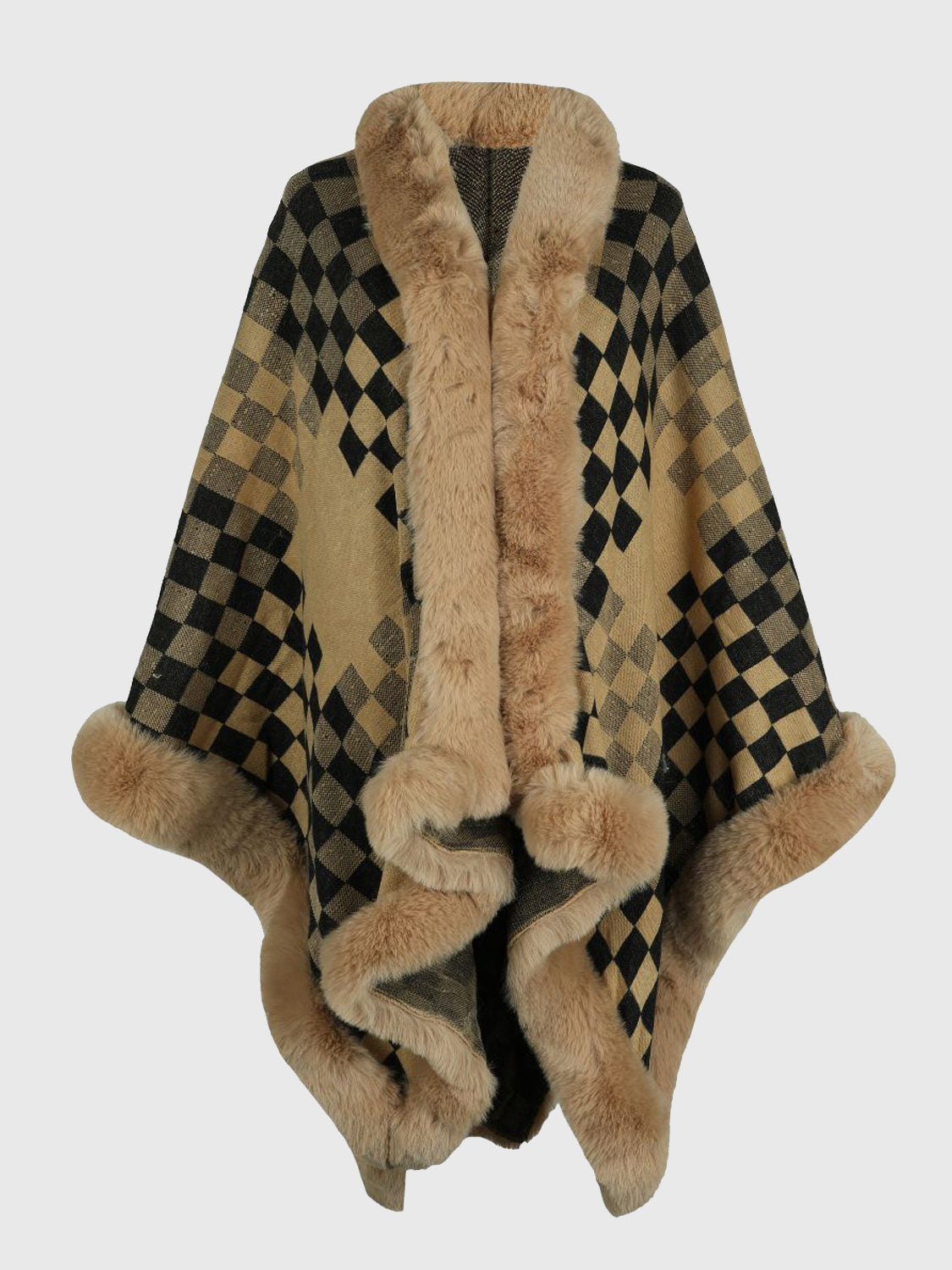 Checkered Faux Fur Trim Poncho - Khaki / One Size