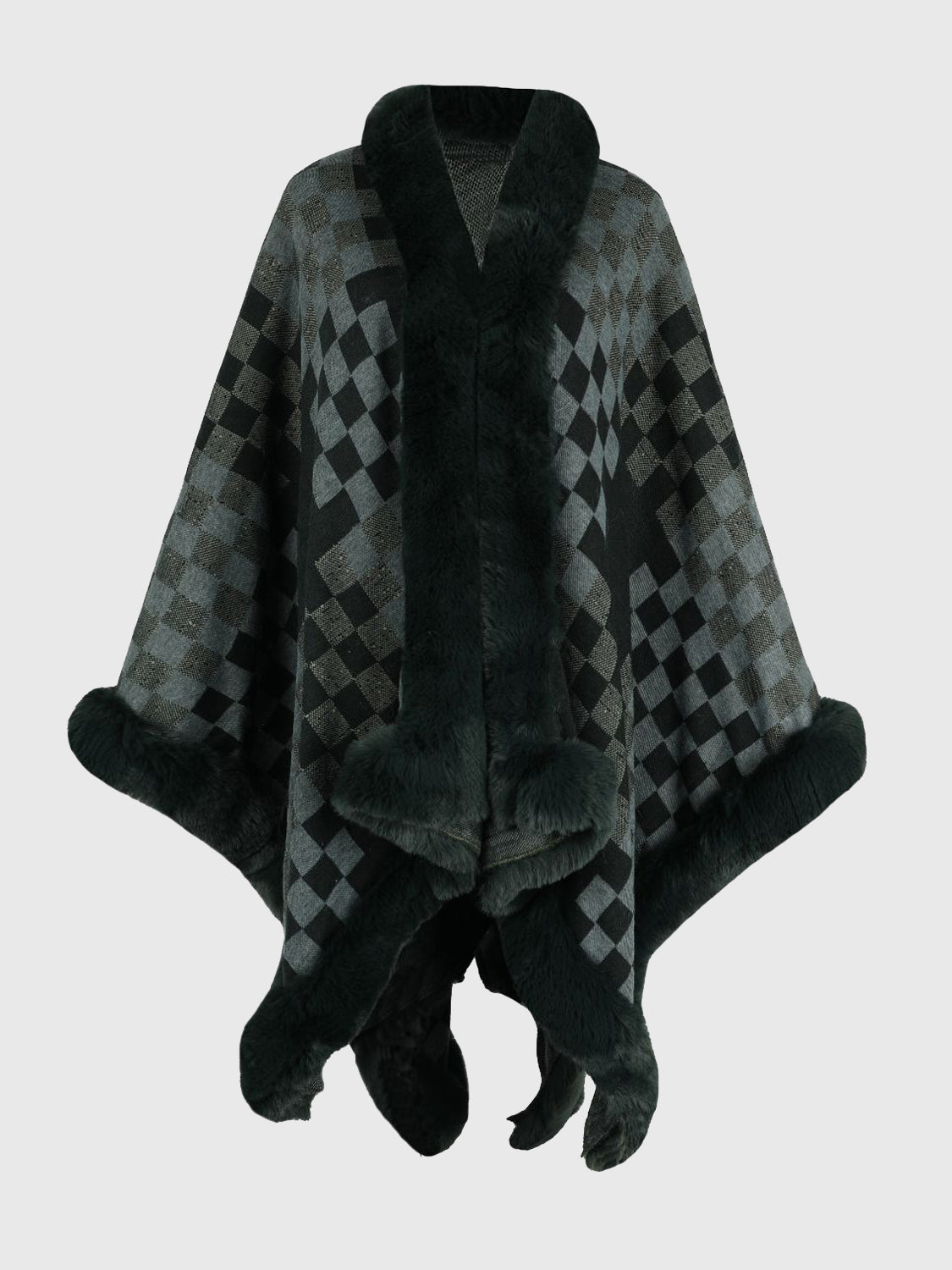 Checkered Faux Fur Trim Poncho - Sage / One Size