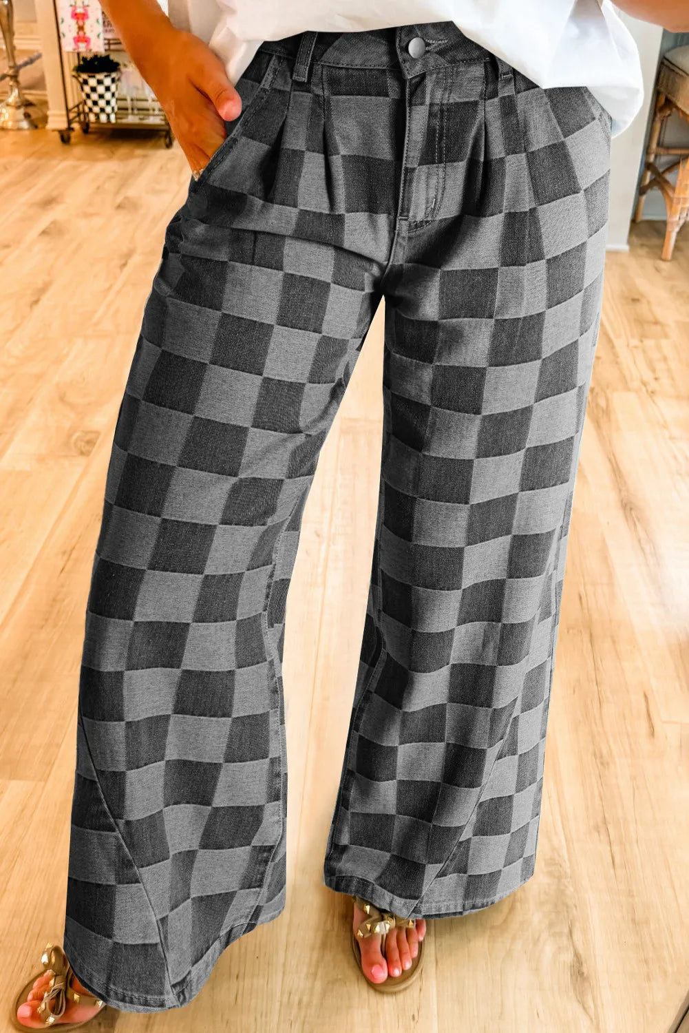 Checkered Wide Leg Jeans with Pockets - Dark Gray / 4