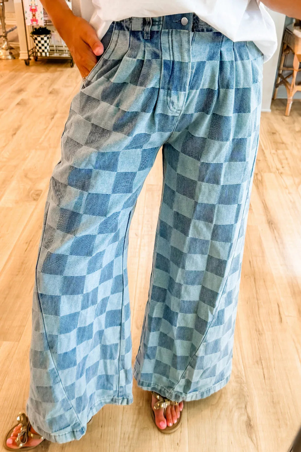Checkered Wide Leg Jeans with Pockets - Dusty Blue / 4