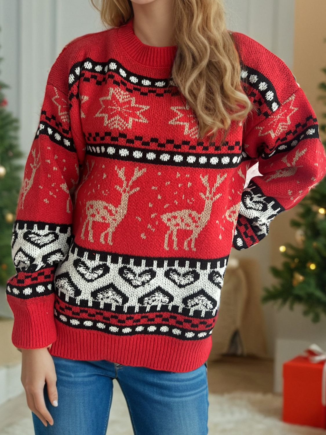 Christmas Element Round Neck Long Sleeve Sweater - Deep Red / One Size