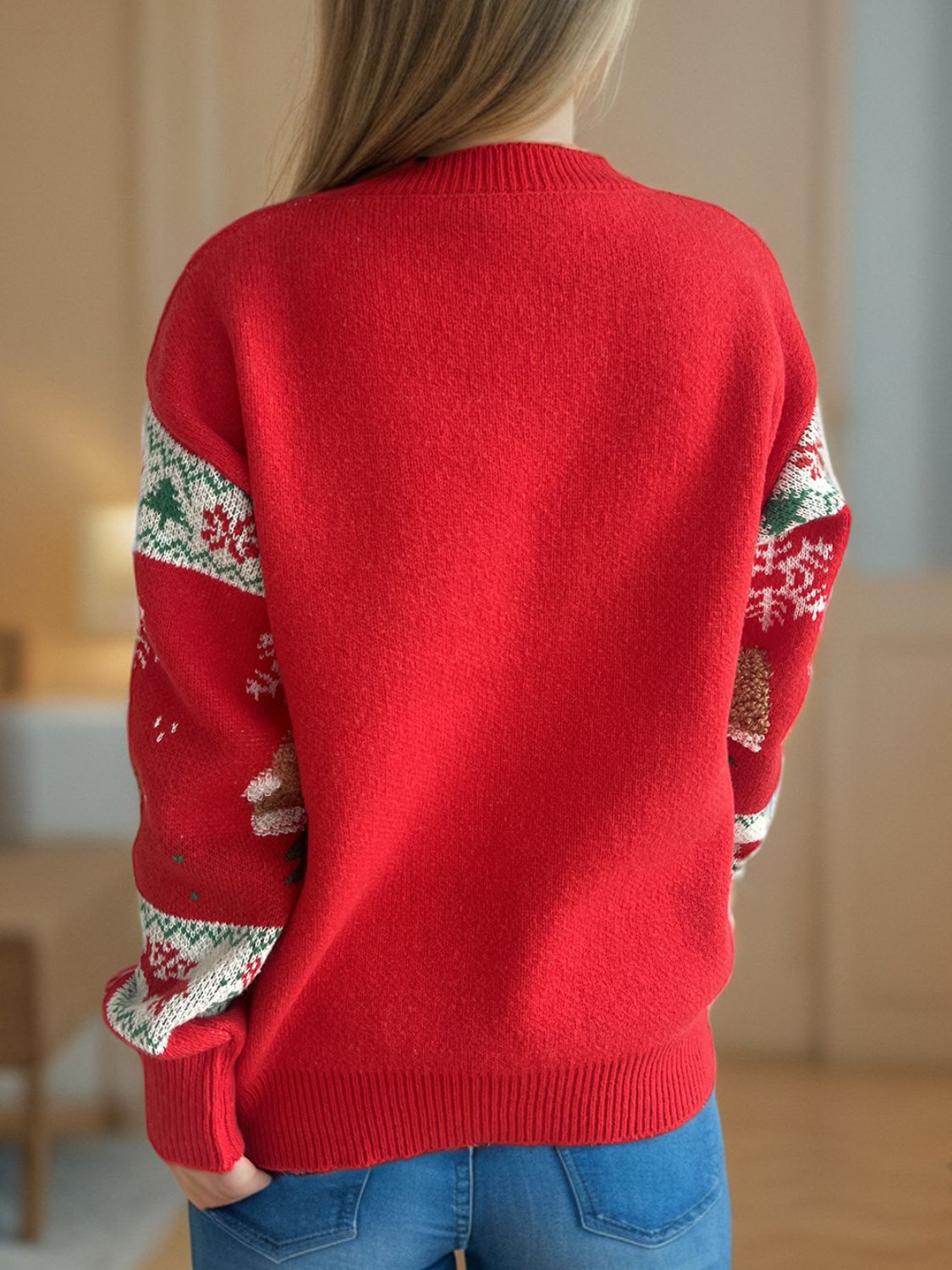 Christmas Element Round Neck Long Sleeve Sweater - Deep Red / One Size