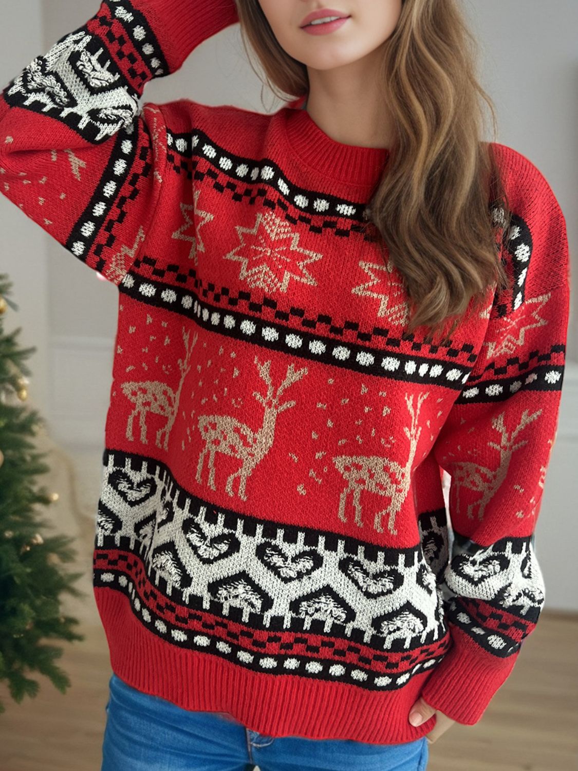 Christmas Element Round Neck Long Sleeve Sweater - Deep Red / One Size
