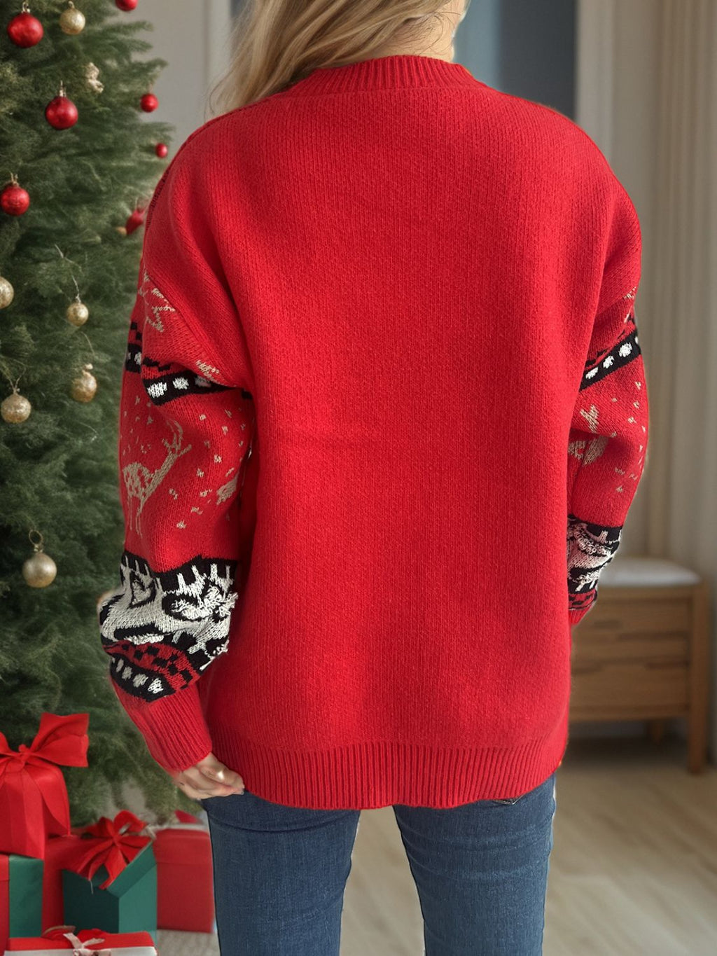 Christmas Element Round Neck Long Sleeve Sweater - Deep Red / One Size