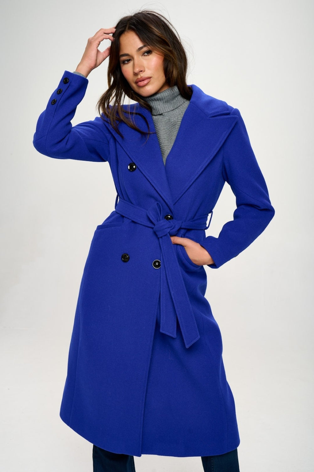 Coalition LA Double-Breasted Longline Coat with Belt - Royal Blue / S