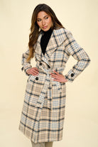 Coalition LA Double-Breasted Plaid Coat with Belt - Khaki Multi / S