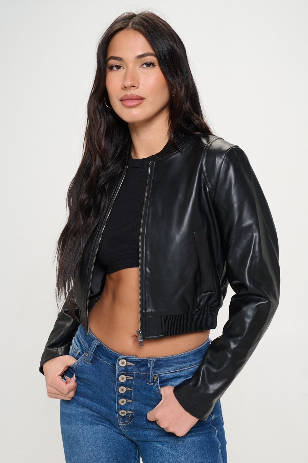 Coalition LA Zip Up Cropped Bomber Jacket - Black / S