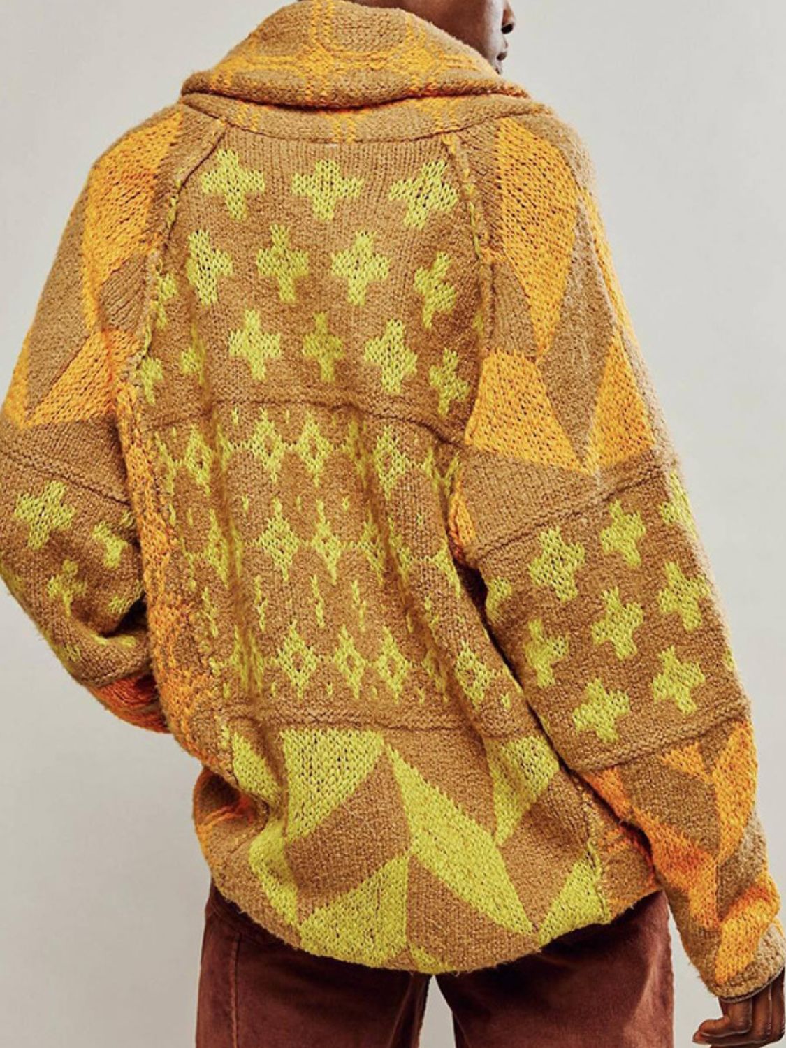 Collared Neck Long Sleeve Cardigan - Mustard / One Size