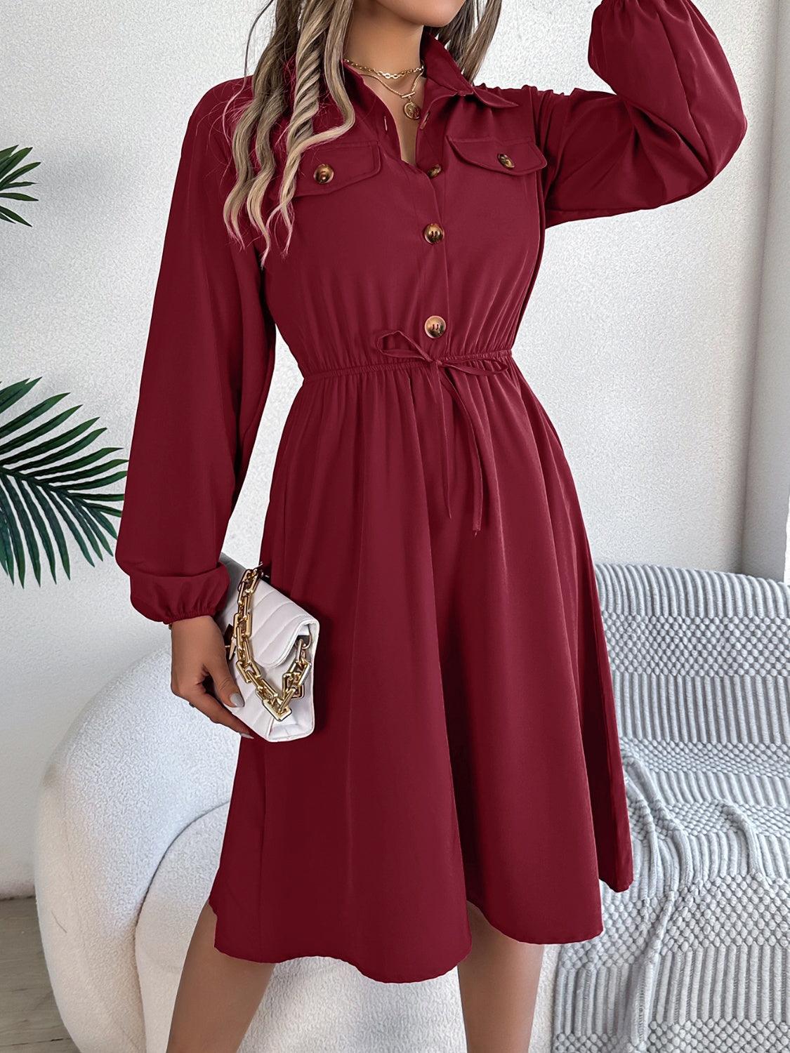 Collared Neck Long Sleeve Dress with Pockets - Burgundy / S