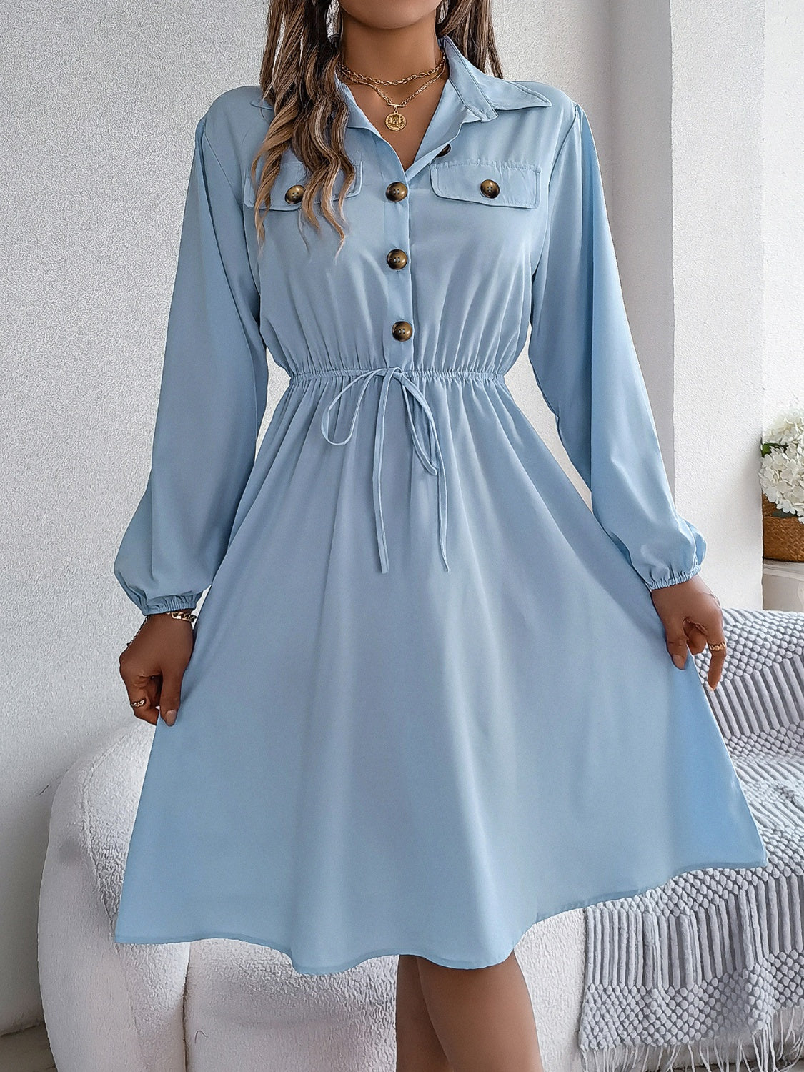 Collared Neck Long Sleeve Dress with Pockets - Light Blue / S