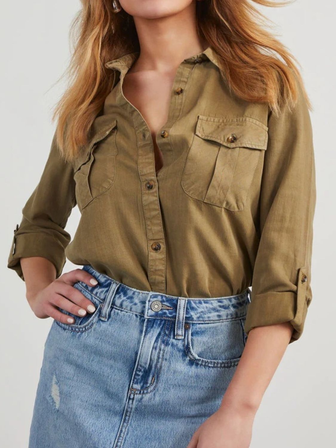 Collared Neck Roll-Tab Sleeve Denim Top - Olive Brown / S