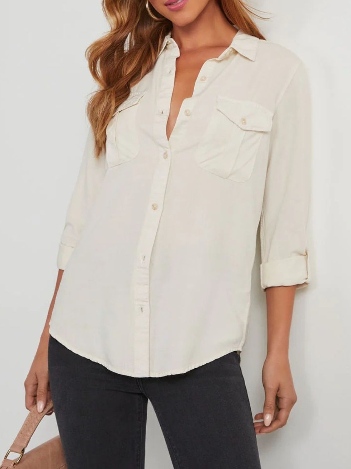 Collared Neck Roll-Tab Sleeve Denim Top - White / S