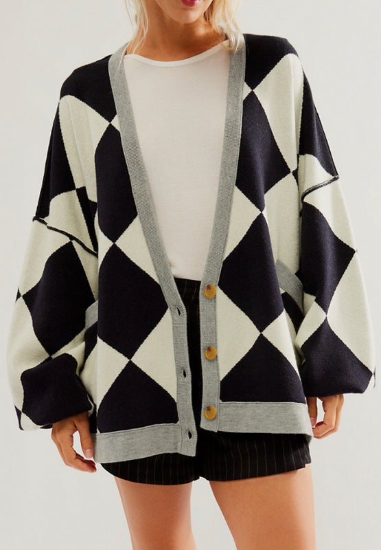 Color Block Button Down Long Sleeve Cardigan - Black / S
