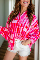 Color Block Collared Neck Long Sleeve Shirt - Hot Pink / S