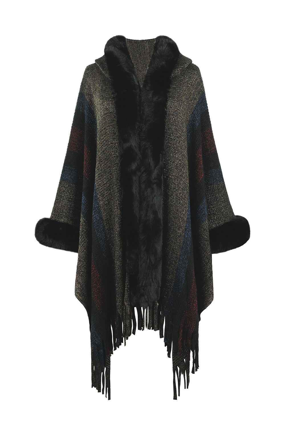 Color Block Fringe Detail Poncho - Black / One Size