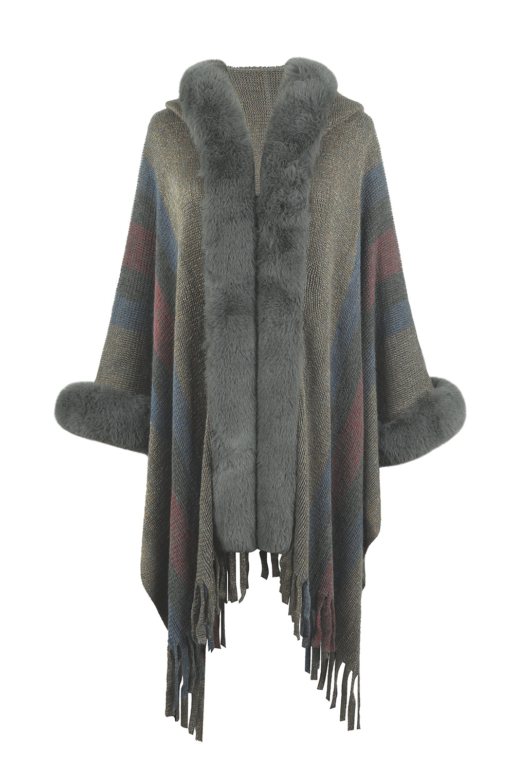 Color Block Fringe Detail Poncho - Charcoal / One Size