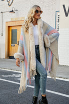 Color Block Fringe Detail Poncho - Ivory / One Size