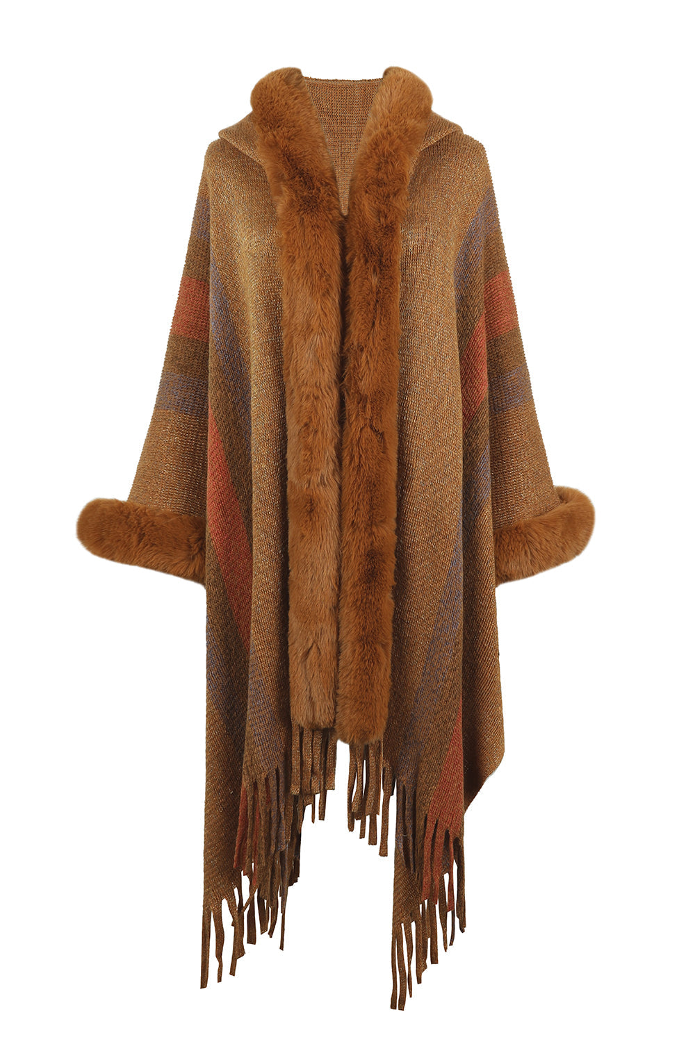 Color Block Fringe Detail Poncho - Khaki / One Size