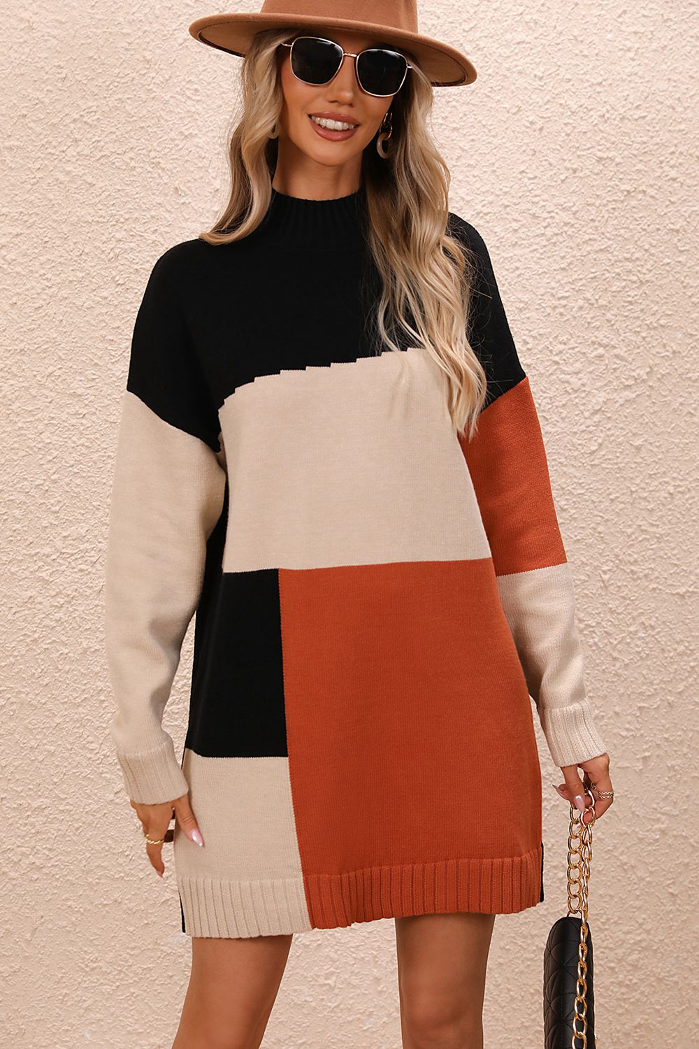 Color Block Mock Neck Dropped Shoulder Sweater Dress - Black / S
