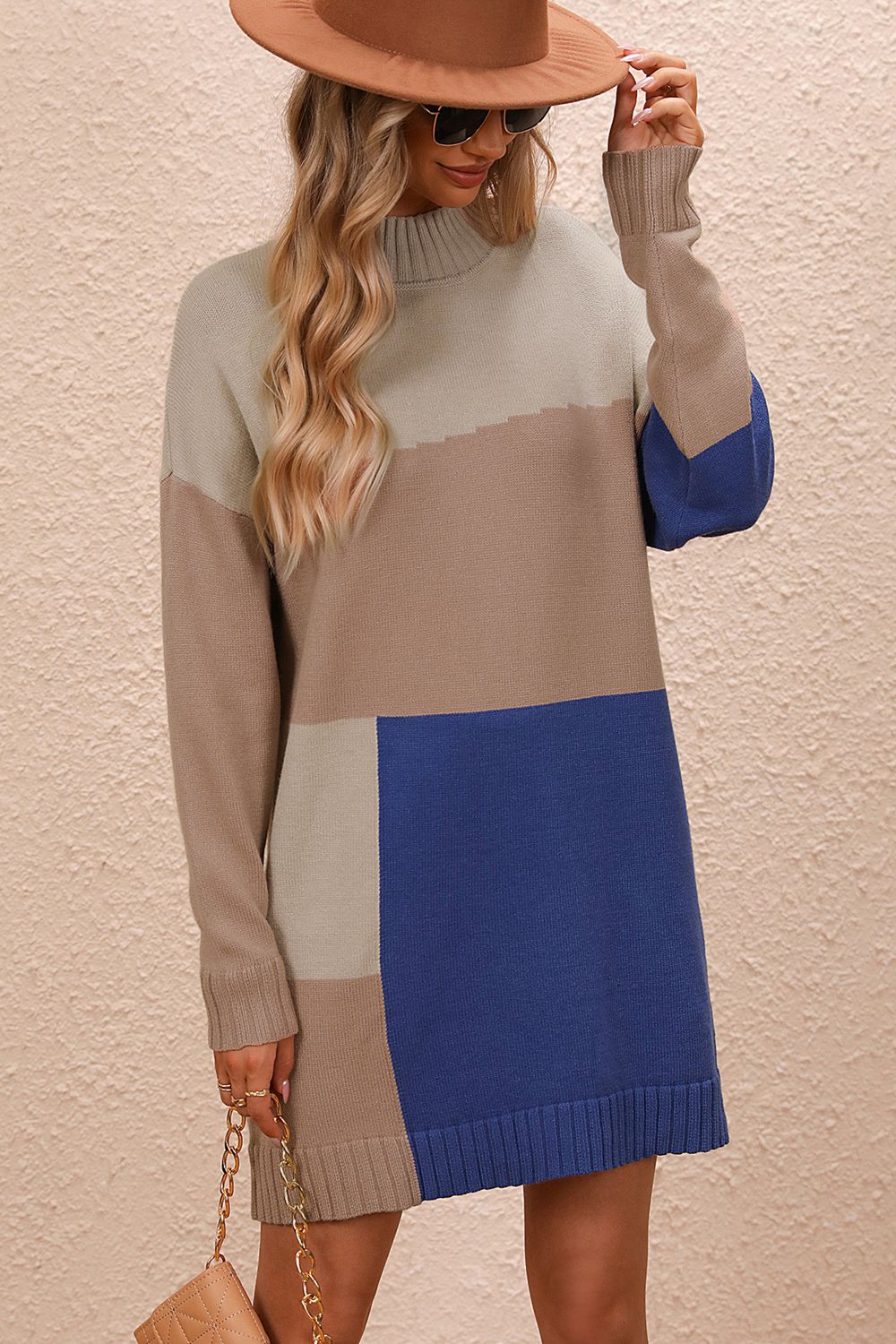 Color Block Mock Neck Dropped Shoulder Sweater Dress - Camel / S