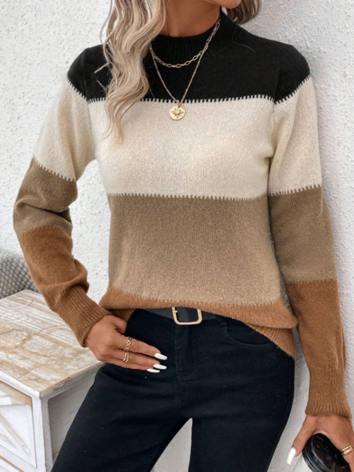 Color Block Mock Neck Long Sleeve Sweater - Camel / S