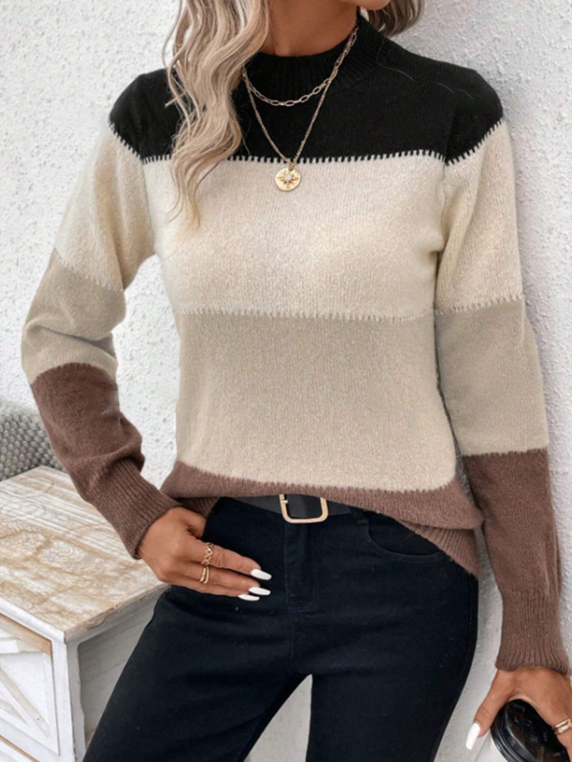 Color Block Mock Neck Long Sleeve Sweater - Cream / S