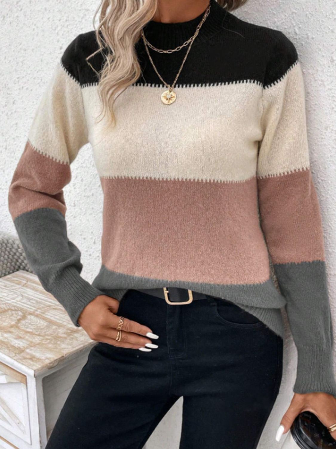 Color Block Mock Neck Long Sleeve Sweater - Dusty Pink / S