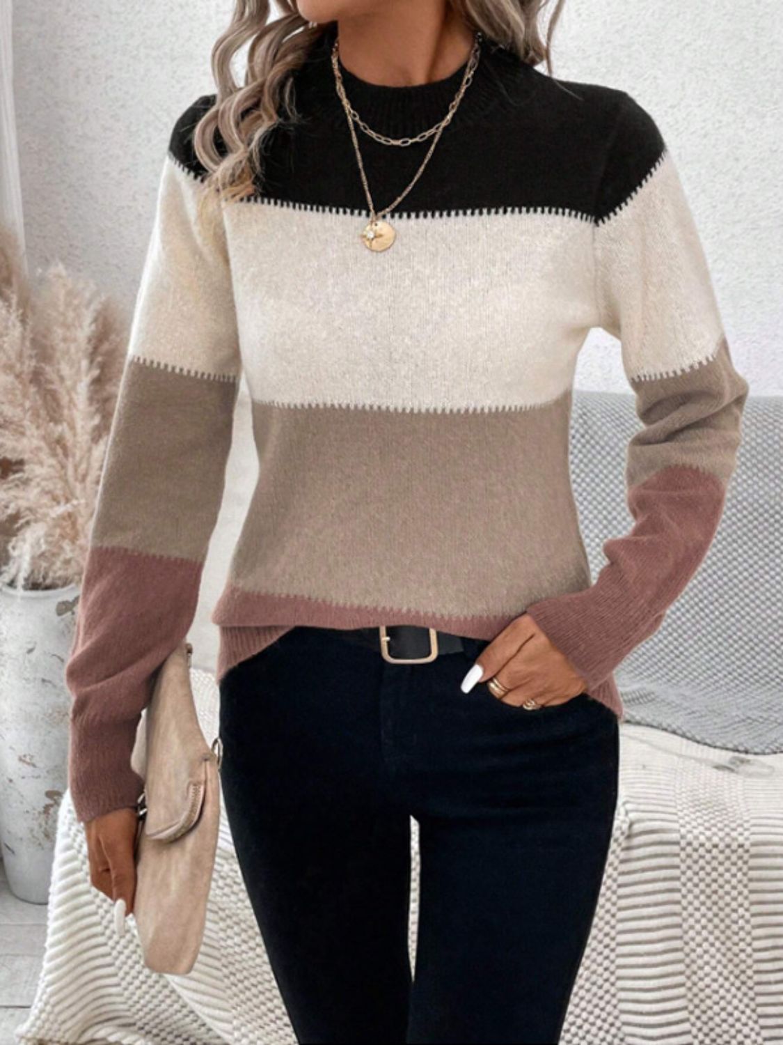 Color Block Mock Neck Long Sleeve Sweater - Mocha / S