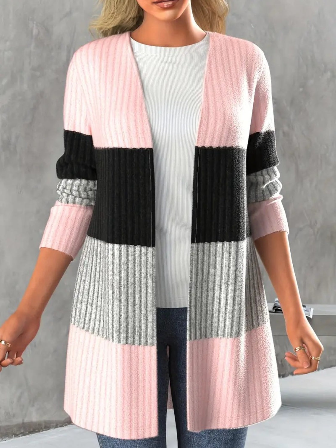 Color Block Open Front Long Sleeve Cardigan - Blush Pink / S
