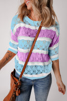 Color Block Round Neck Knit Top - Pink Purple / S