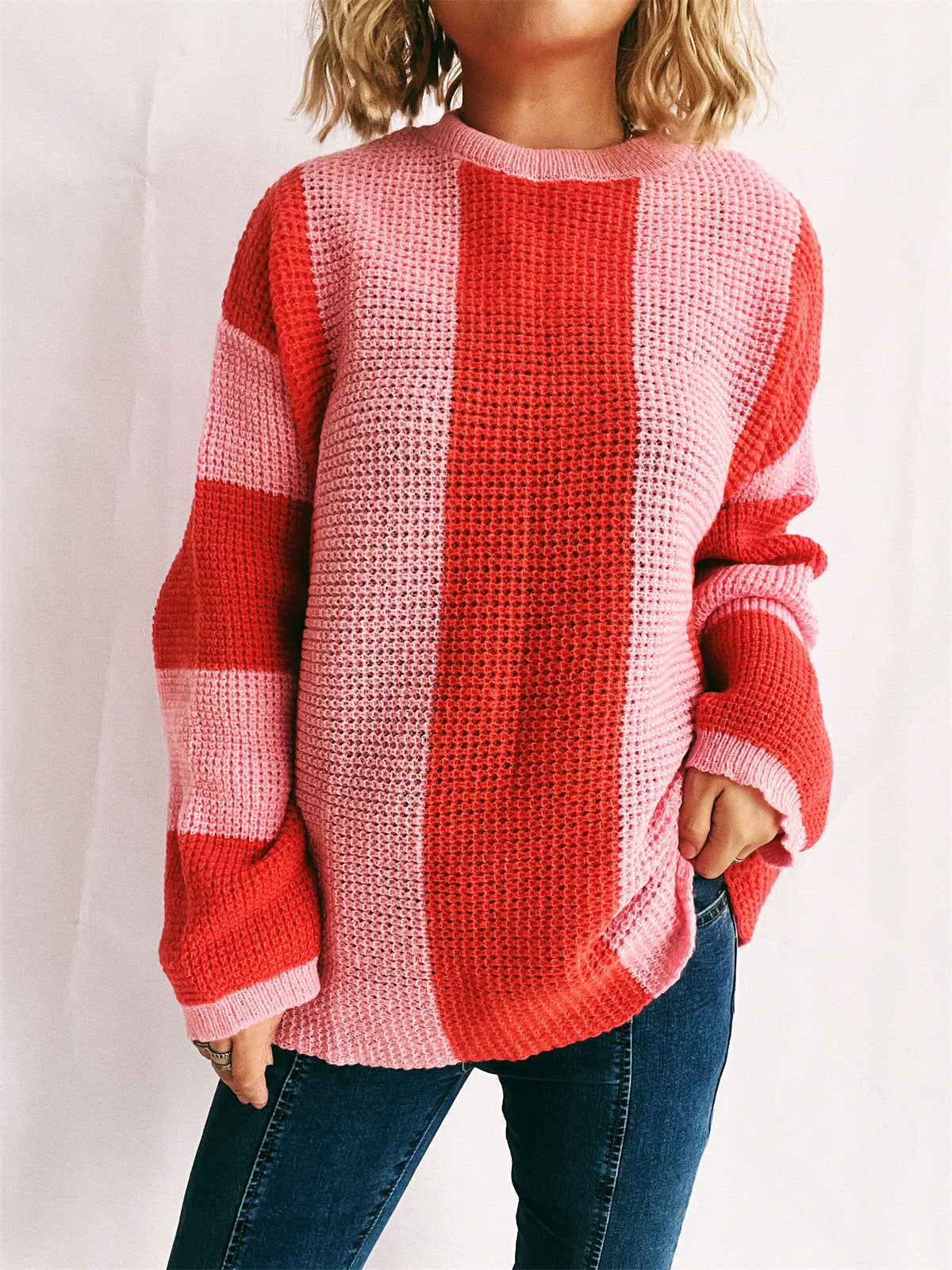 Color Block Round Neck Long Sleeve Sweater - Orange-Red / S